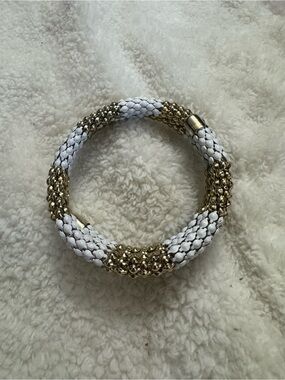 Mesh Spiral Wrap Bracelet White Enamel Gold Striped Retro BoHo